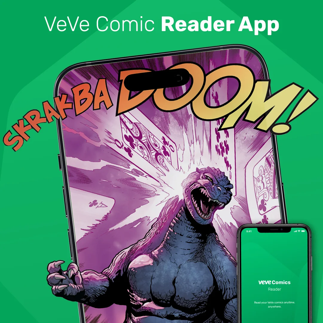 VeVe Comic Reader App Visual: Tablet mit Comic-Seite und Smartphone mit Startscreen, als Hinweis auf das Lesen in der Reader-App.