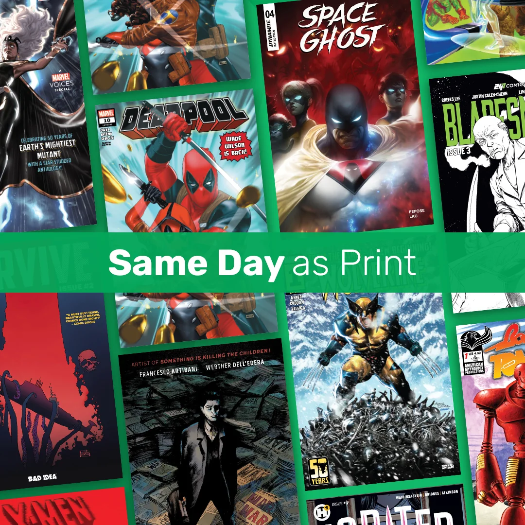 Collage verschiedener Comic-Cover mit dem Schriftzug „Same Day as Print“ als Feature-Visual für VeVe Comics.