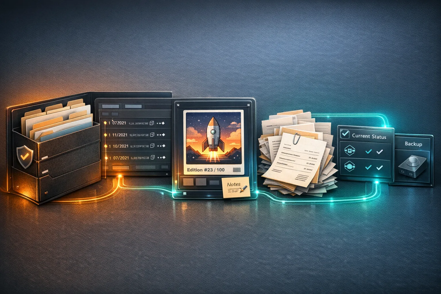 Workflow-Grafik mit Ordnern, Screenshots, Tx-Hashes, Belegen und Status-Abgleich zur Archivierung alter VeVe-Historie.