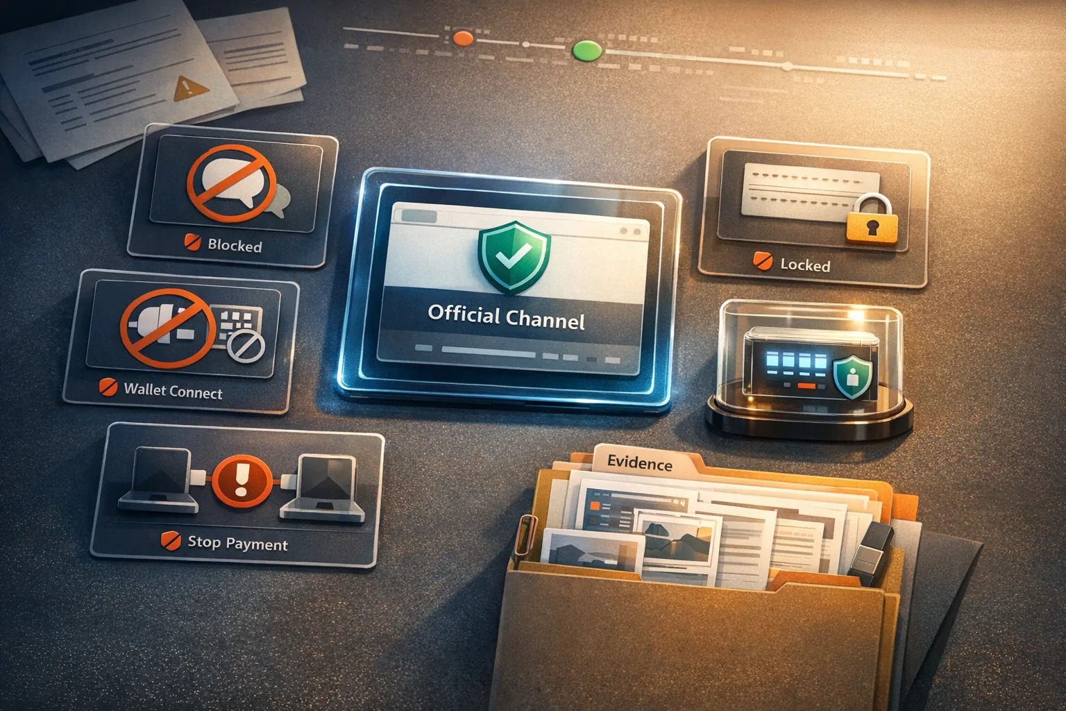 Sicheres Device-Setup mit blockierten DMs, Wallet-Connect und Off-Platform-Zahlung als Anti-Scam-Motiv für VeVe-Sammler.