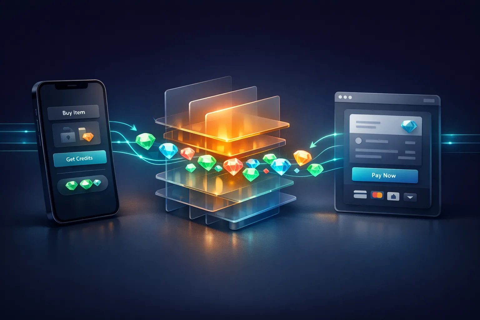 Illustration mit Smartphone-App, Web-Checkout und schwebenden Gems zwischen transparenten Gebührenebenen für digitale Käufe.