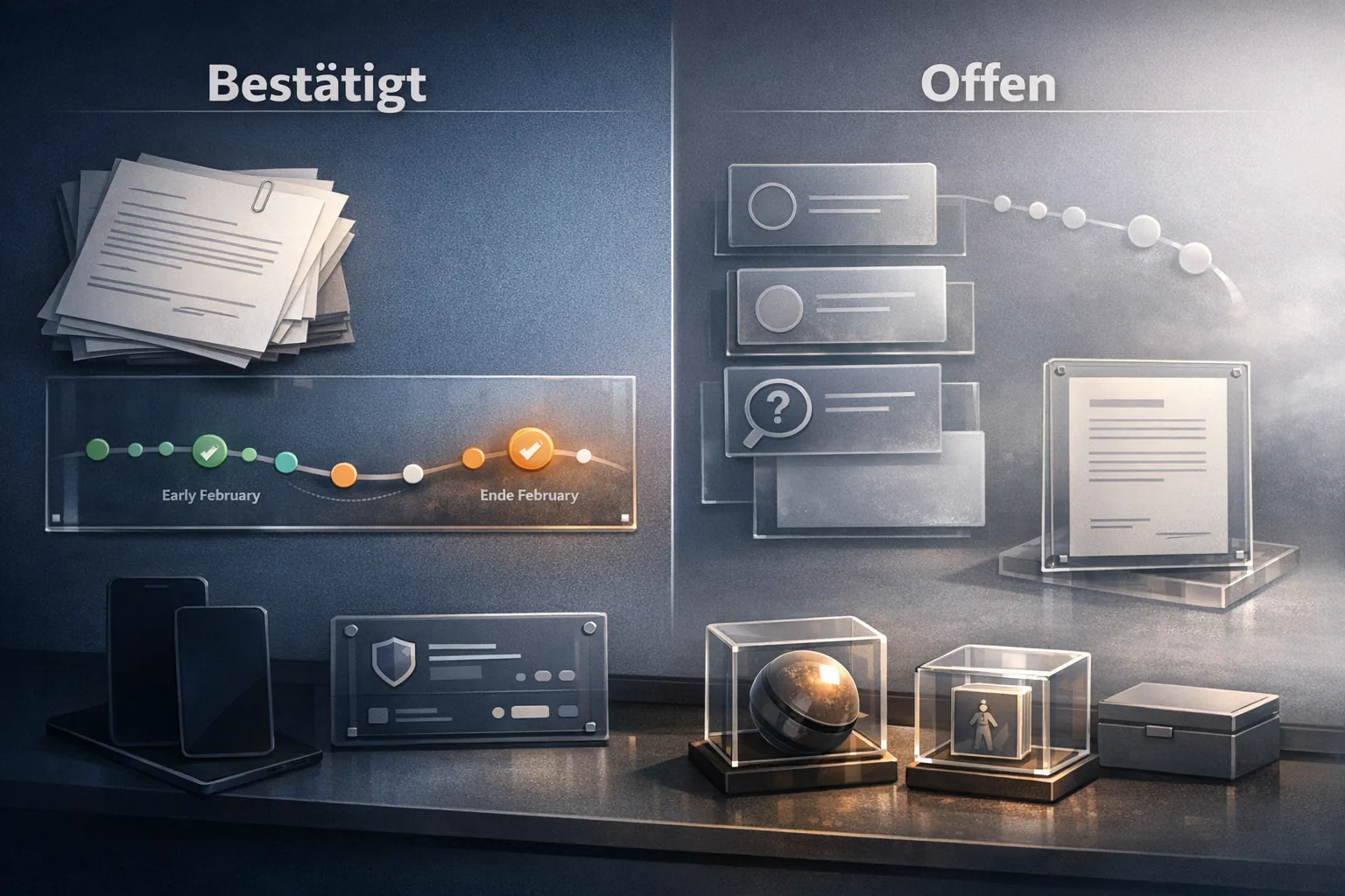 Zweiteilige Übersicht mit bestätigten Fakten links, offenen Punkten rechts und stabiler VeVe-Sammlerumgebung im unteren Bereich.