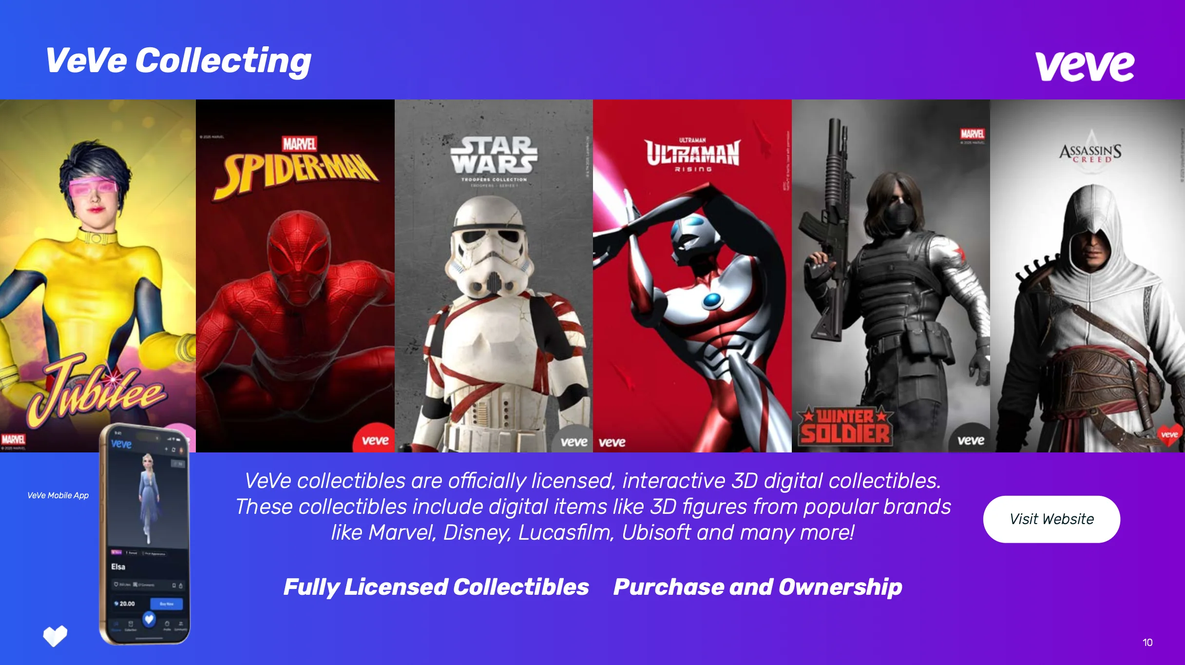 Breiter VeVe-Collecting-Banner mit mehreren Figuren und Markenmotiven, darunter Jubilee, Spider-Man, ein Star-Wars-Trooper, Ultraman, Winter Soldier und eine Assassin’s-Creed-Figur sowie eine VeVe-App-Anzeige auf einem Smartphone.