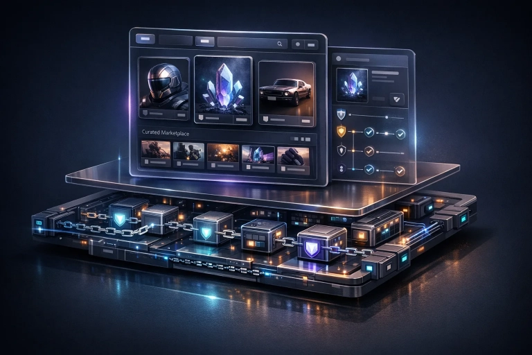 Schema mit VeVe-App-Ebene über CollectChain-Infrastruktur und Explorer-Ansicht für Provenance statt Open-Market-Hype.