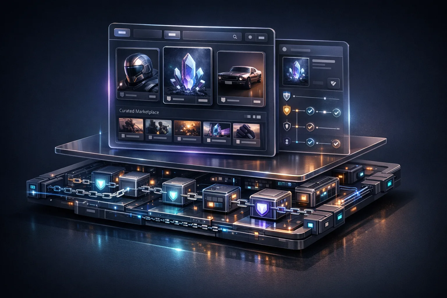 Schema mit VeVe-App-Ebene über CollectChain-Infrastruktur und Explorer-Ansicht für Provenance statt Open-Market-Hype.