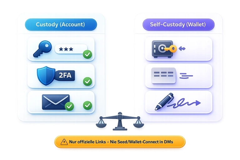 Zweiteiliges Guide-Visual: Custody-Account mit Passwort/2FA/E-Mail links, Self-Custody-Wallet mit Recovery/Seed/Signatur rechts (VeVe).