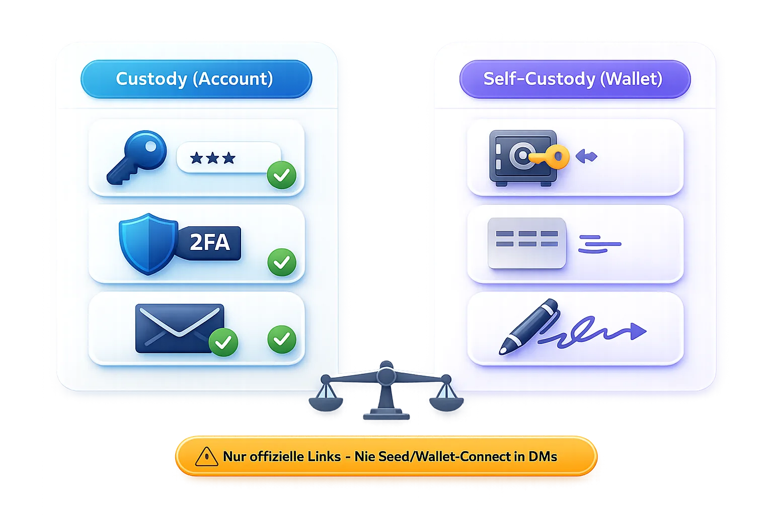 Zweiteiliges Guide-Visual: Custody-Account mit Passwort/2FA/E-Mail links, Self-Custody-Wallet mit Recovery/Seed/Signatur rechts (VeVe).
