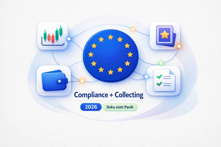 2.5D-Illustration zu DAC8: EU-Badge, Icons für Exchange, Wallet, NFT und Report, mit Labels „2026“ und „Doku statt Panik“.