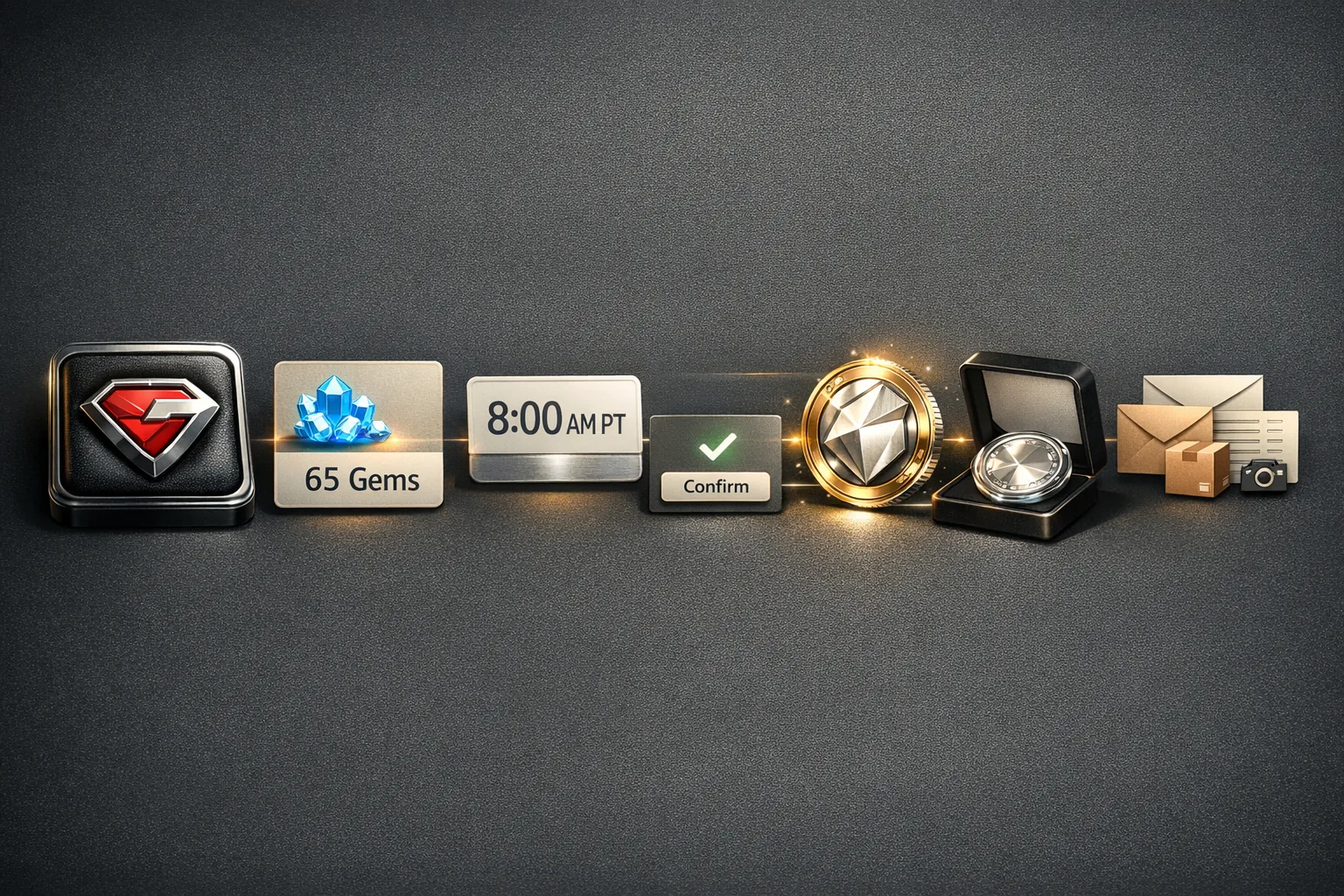 Schrittgrafik mit Logo, 65 Gems, Startzeit, Crafting-Bestätigung, Coin-Ergebnis, E-Mail-Hinweis und Dokumentation.