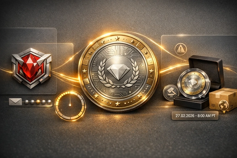 Grafik mit Logo-Collectible, digitaler und physischer Coin, Versandpaket und Startzeit für das VeVe-Crafting-Event.