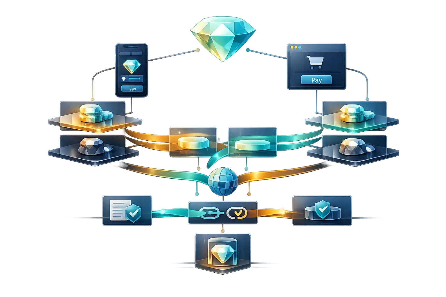 Entscheidungsgrafik mit App- und Website-Pfad, Gems als Guthaben, Netto-Schritt, Regionsknoten und Prüfpunkt für Bedingungen.