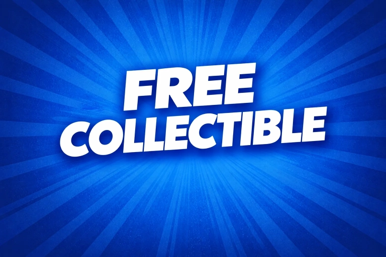 Grafik mit dem Schriftzug „FREE COLLECTIBLE“ in weiß auf blauem Strahlenhintergrund.