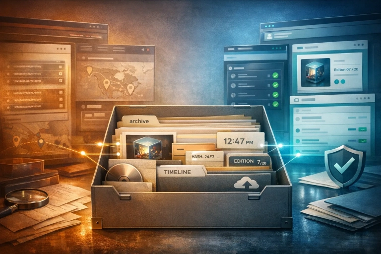 Split-Grafik mit alter IMX-Historie links, neuer Collect-Prüfung rechts und Archivordner in der Mitte für VeVe-Nachweise.