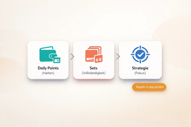 Infografik mit drei UI-Karten: Daily Points (Halten), Sets (Vollständigkeit), Strategie (Fokus) und „Regeln in App prüfen“.