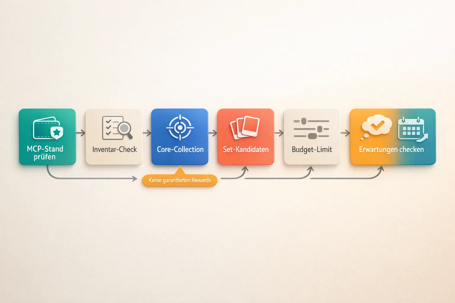 Checklist-Flowchart mit Schritten von „MCP-Stand prüfen“ bis „Rebalancing-Routine“, plus Hinweis „Keine garantierten Rewards“.