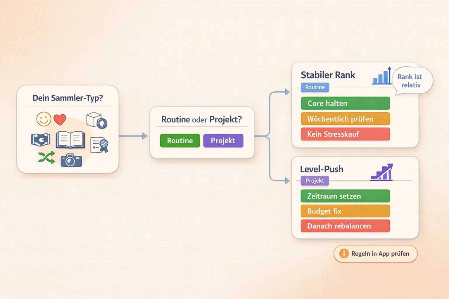 Decision-Tree im VeVe MCP: Routine oder Projekt führt zu „Stabiler Rank“ oder „Level‑Push“ mit kurzen Tipps.