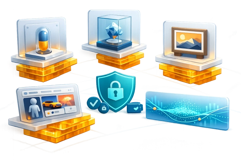 Abstrakte NFT-Marktplatz-Ansicht mit Vergleichskarten, Gebühren-Layern, Schutzschild und Liquiditätsmeter für Sammler.