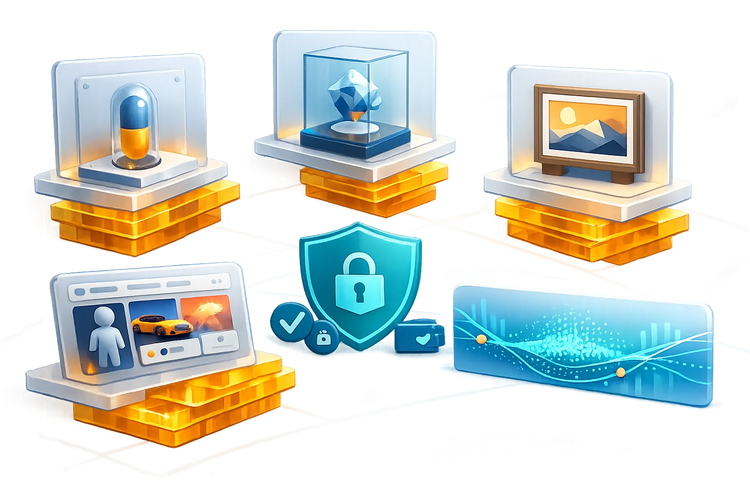 Abstrakte NFT-Marktplatz-Ansicht mit Vergleichskarten, Gebühren-Layern, Schutzschild und Liquiditätsmeter für Sammler.