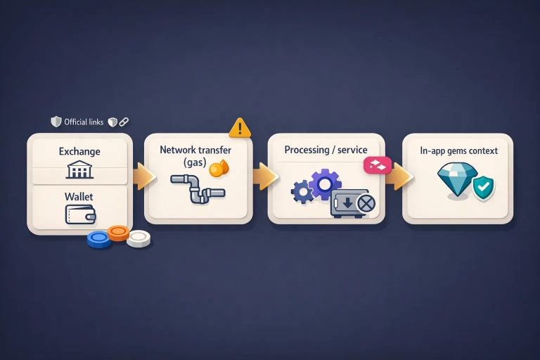 Flowchart: OMI von Exchange/Wallet über Netzwerktransfer (Gas) in StackR-Verarbeitung bis zum VeVe-Gems-Kontext, mit Warnsymbolen.