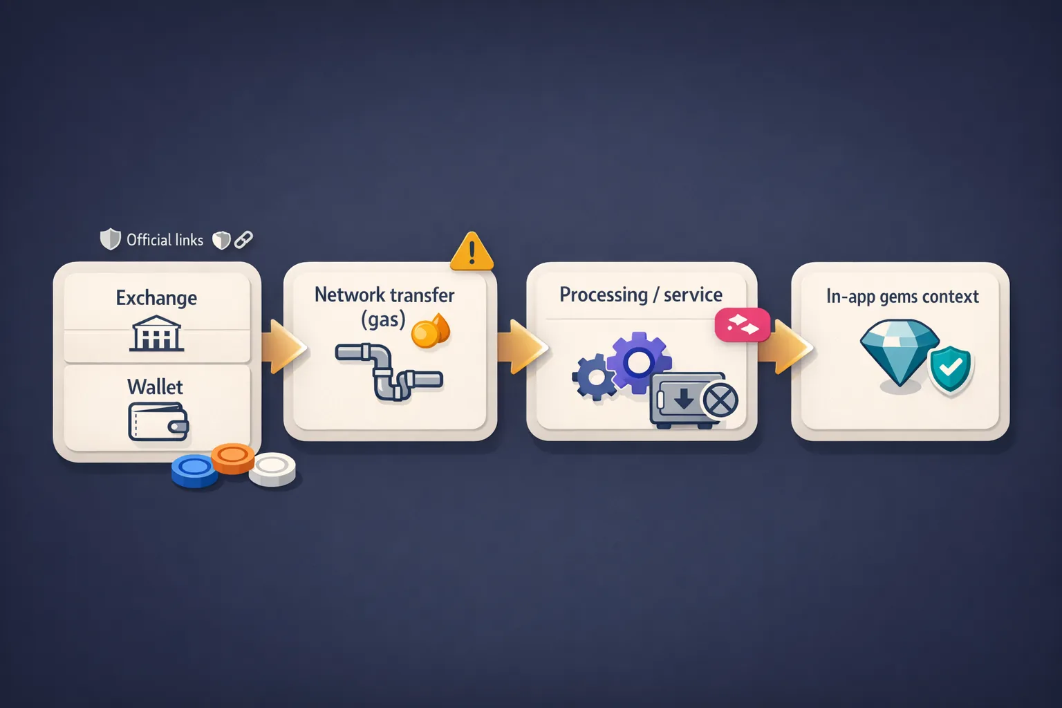 Flowchart: OMI von Exchange/Wallet über Netzwerktransfer (Gas) in StackR-Verarbeitung bis zum VeVe-Gems-Kontext, mit Warnsymbolen.