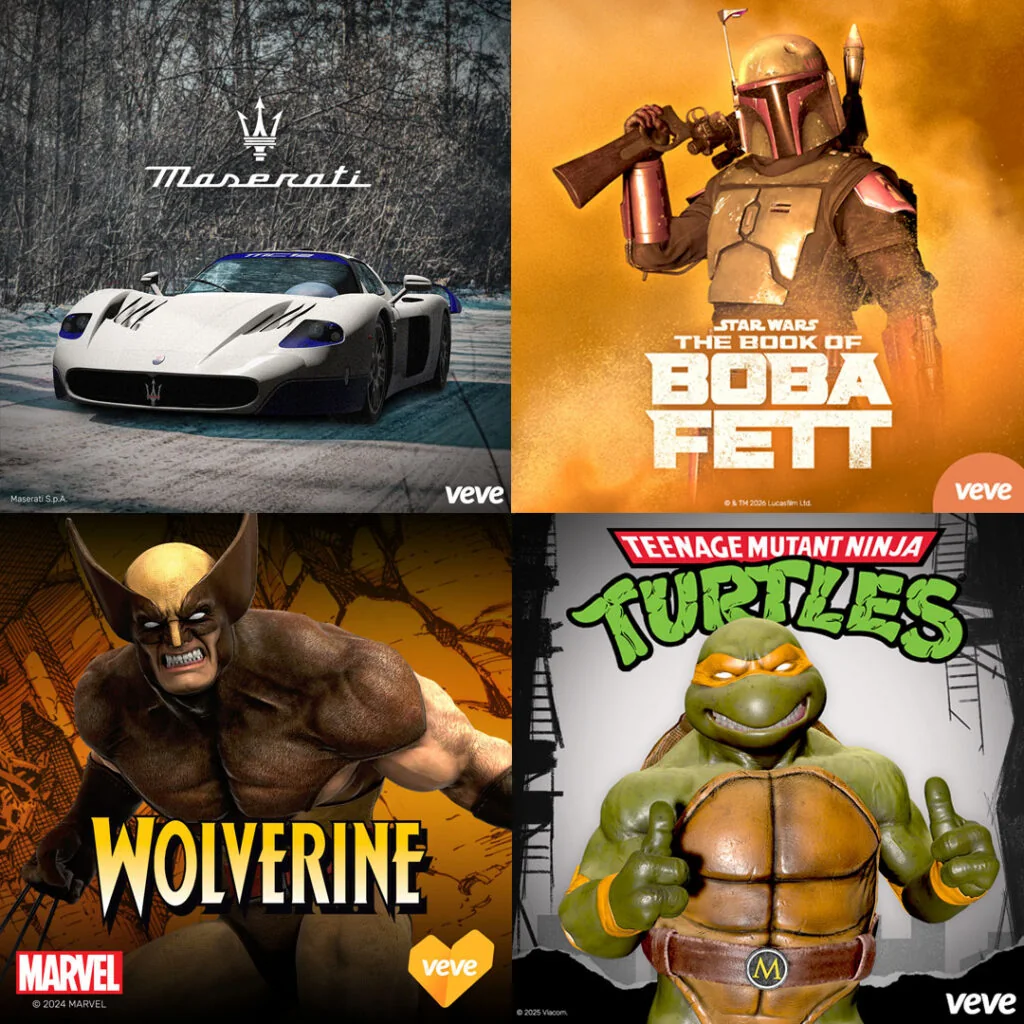 Collage mit vier VeVe-Motiven: ein Maserati-Auto, Star Wars The Book of Boba Fett, Wolverine und Teenage Mutant Ninja Turtles.