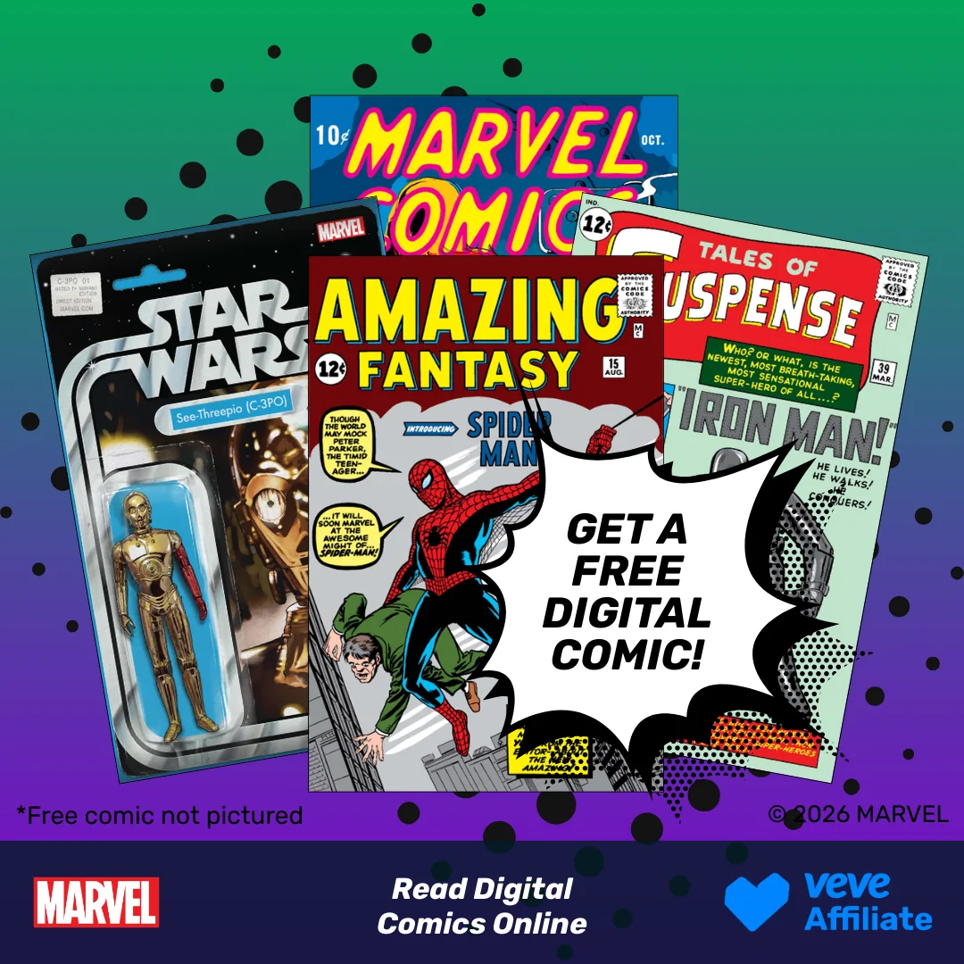 Werbegrafik mit Marvel- und Star-Wars-Motiven sowie dem Text "Get a free digital comic!".
