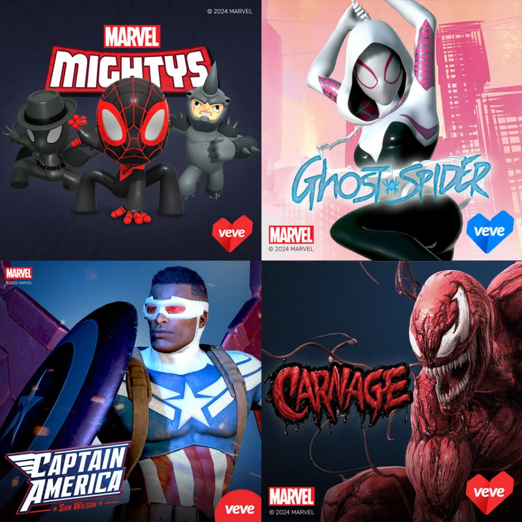 Collage mit vier Marvel-Motiven auf VeVe: Marvel Mightys, Ghost-Spider, Captain America Sam Wilson und Carnage.