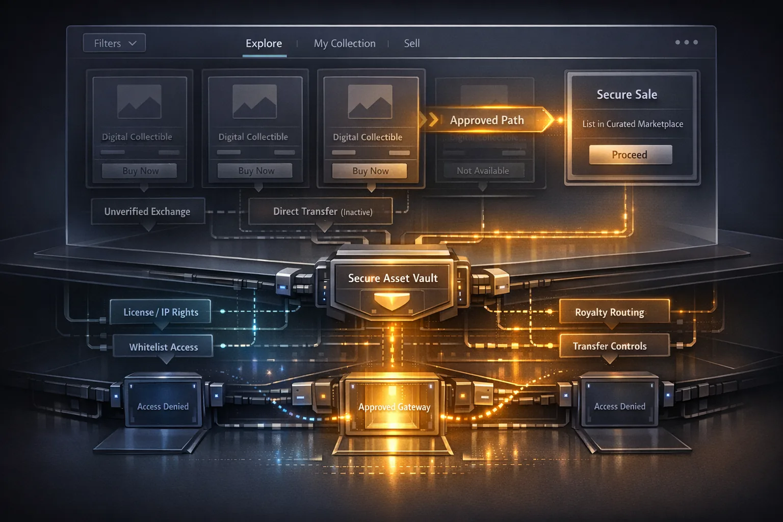 Visualisierung von Protokoll-Regeln unter der Marketplace-Oberfläche mit Lizenz, Whitelists, Royalties und einem erlaubten Pfad.