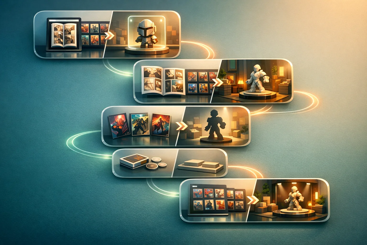 Entscheidungsgrafik mit fünf Schritten: Story oder Objekt, Lesen oder Ausstellen, Cover oder 3D, Budget-Test und Ergebnis.