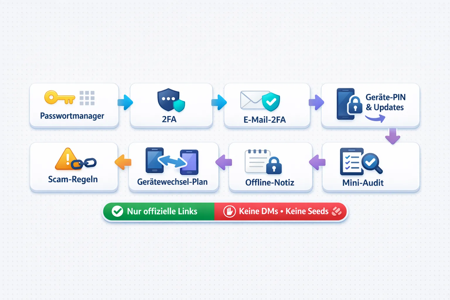Quick-Start-Flow mit 8 Karten: Passwortmanager, 2FA, E-Mail-2FA, Geräte-PIN/Updates, Scam-Regeln, Wechselplan, Offline-Notiz, Mini-Audit.