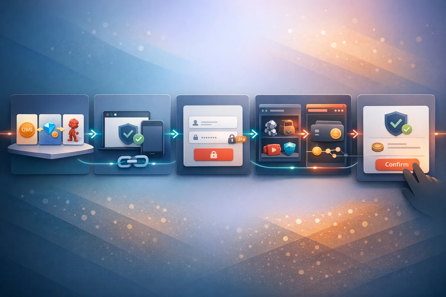 Schrittgrafik mit offiziellem Zugang, Login, VeVe-Verknüpfung, StackR-Wallet, OMI-Prüfung und finaler Bestätigung.