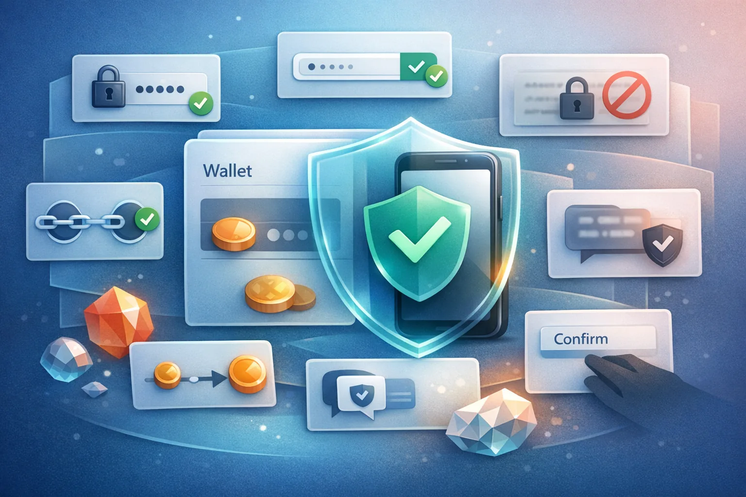 Sicherheitsgrafik mit Wallet, Schutzschild, 2FA, offiziellen Links, Seed-Warnung, Netzwerk-Check und Testtransfer für OMI.