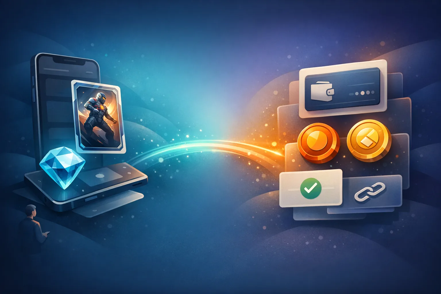 Illustration mit VeVe-App-Kontext links und separater StackR-/Wallet-Ebene rechts, verbunden durch OMI-, Gems- und Link-Symbole.