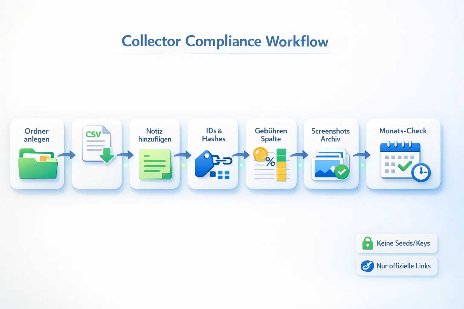 How-to-Workflow als Step-Flow: Ordner anlegen, CSV exportieren, Kontext notieren, IDs/Hashes, Gebühren, Screenshots, Monats-Check plus Warnhinweise.