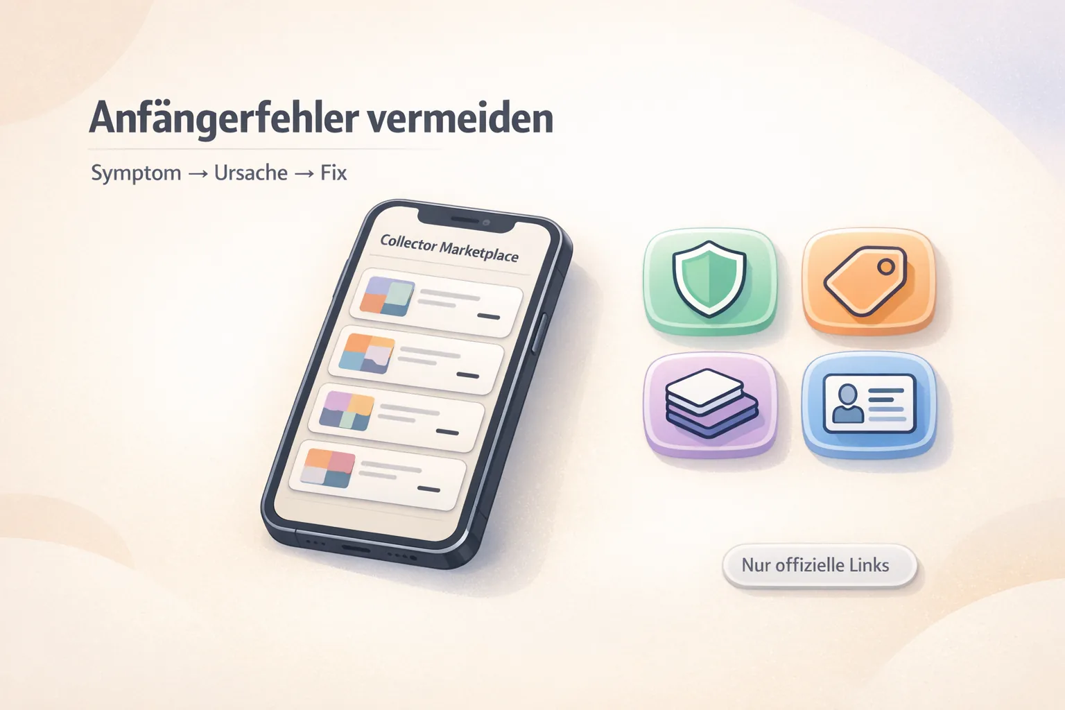 Isometrische Illustration: Smartphone mit neutraler Marketplace-UI, daneben Icons für Sicherheit, Marketplace, Sets/MCP und KYC (VeVe).