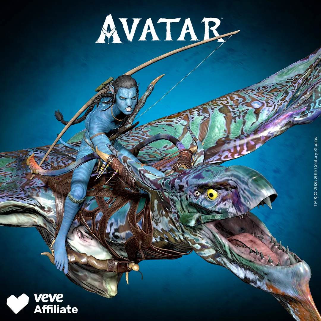 Key Visual der VeVe Avatar – Jake Sully Series: Jake in Na’vi-Form reitet eine fliegende Kreatur mit gespanntem Bogen.