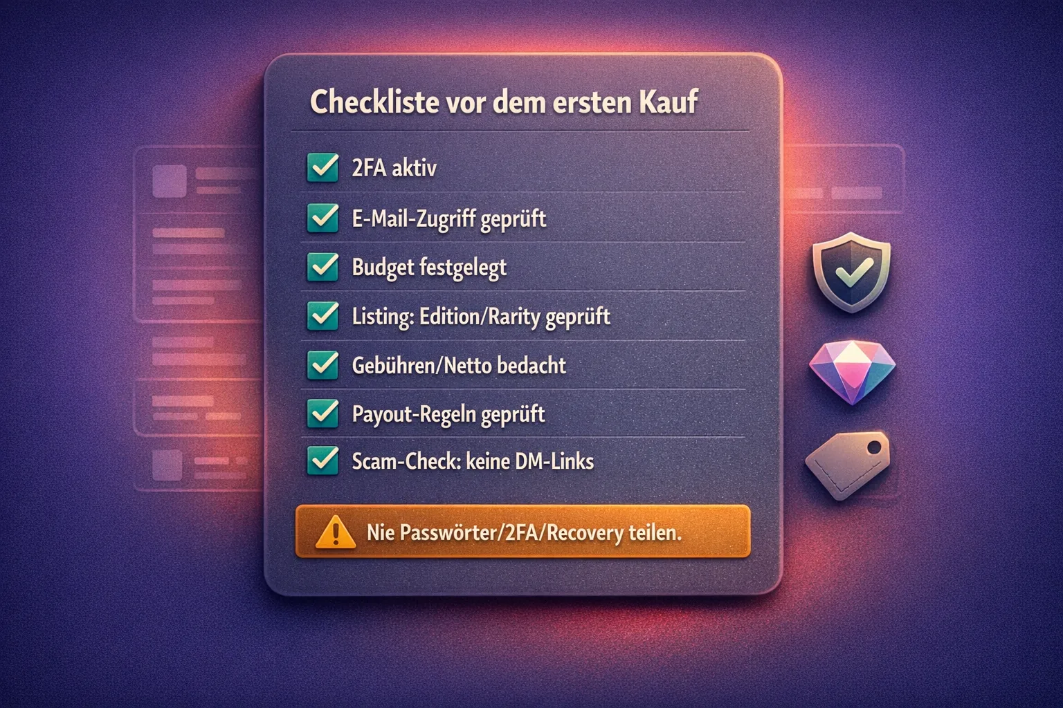 Checkliste vor dem ersten Kauf mit Checkboxen zu 2FA, E-Mail, Budget, Listing-Details, Gebühren/Netto, Payout und Scam-Check (VeVe).