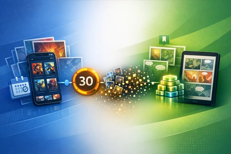 Infografik mit blauer Store-App und grüner Reader-App, 30-Tage-Zeitleiste, Burn unverkaufter Comics und finalem Supply bei VeVe.