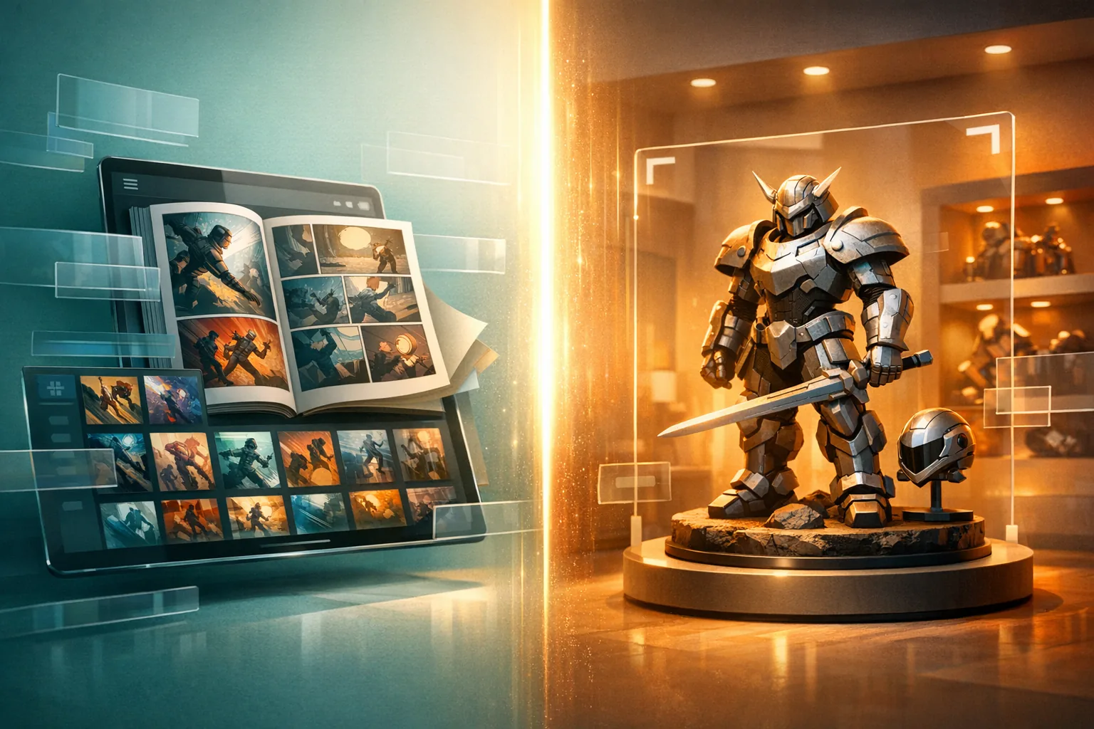 Split-Ansicht mit digitalem Comic-Reader links und 3D-Collectible im Showroom mit AR-Rahmen rechts als VeVe-Vergleich.