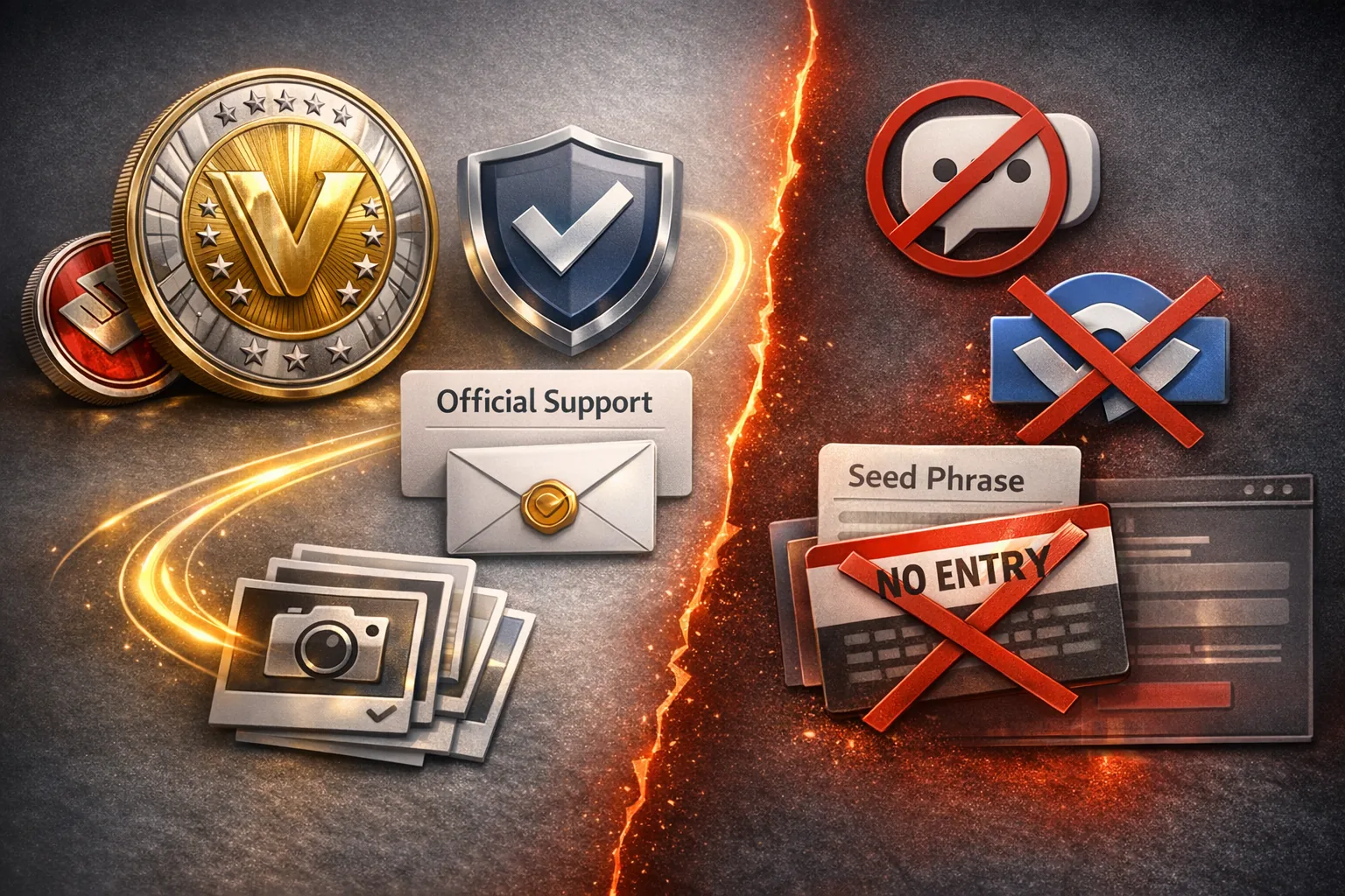 Illustration mit offiziellem Support-Pfad, Versand-Mail, Beleg-Screenshots und blockierten Scam-Elementen im VeVe-Kontext.