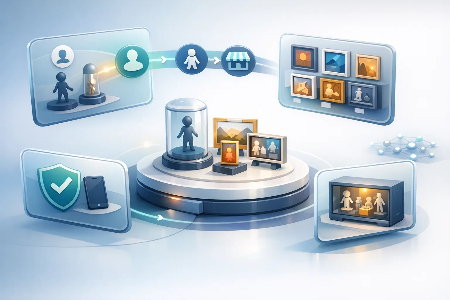 Kuratiertes Sammler-Ökosystem mit Showcase, Marketplace-Karten, Sicherheitsweg und subtilen Trade-offs im VeVe-Kontext.