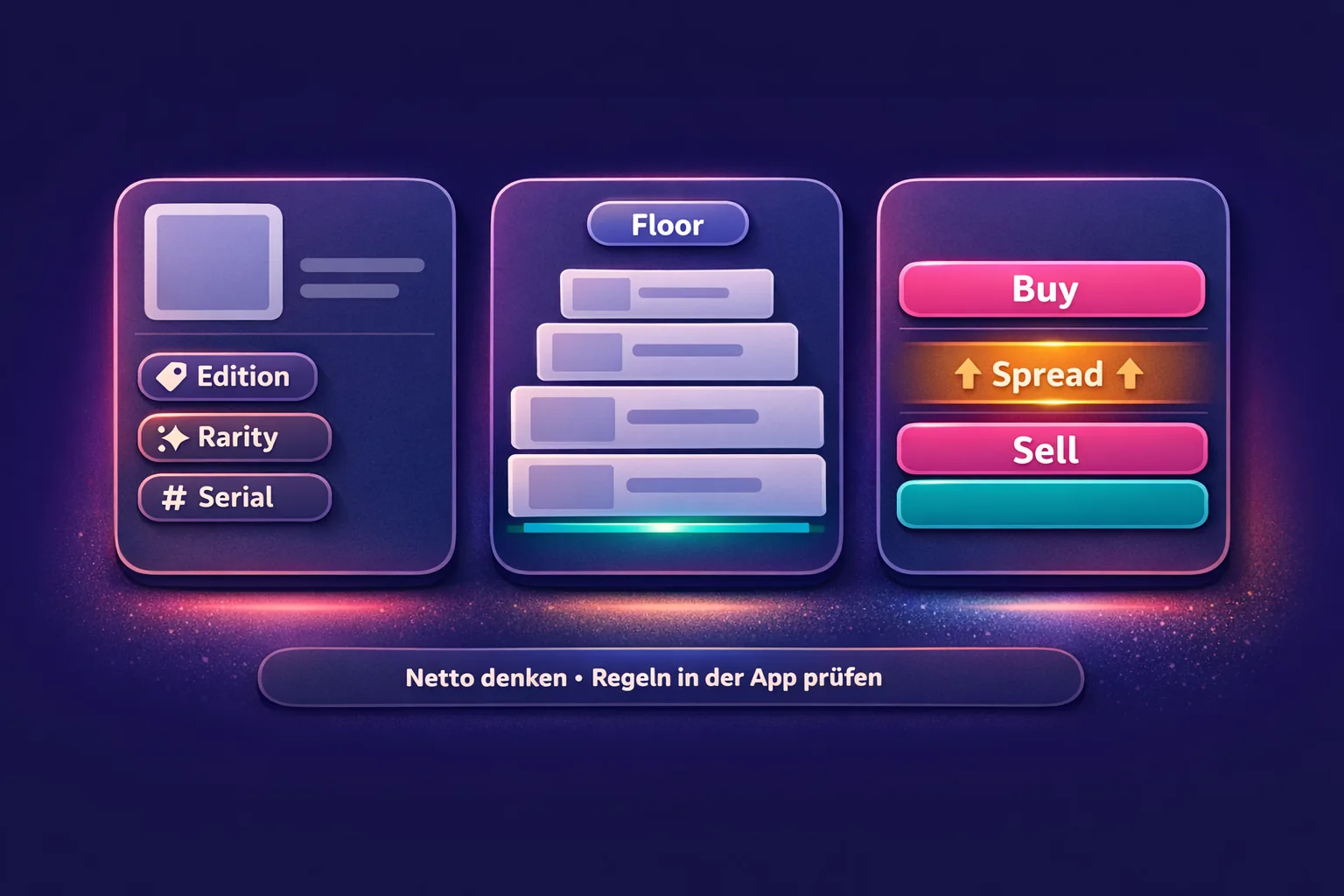 Infografik mit drei Panels: Listing-Felder (Edition, Rarity, Serial), Floor-Visual und Spread zwischen Buy- und Sell-Zone (VeVe).