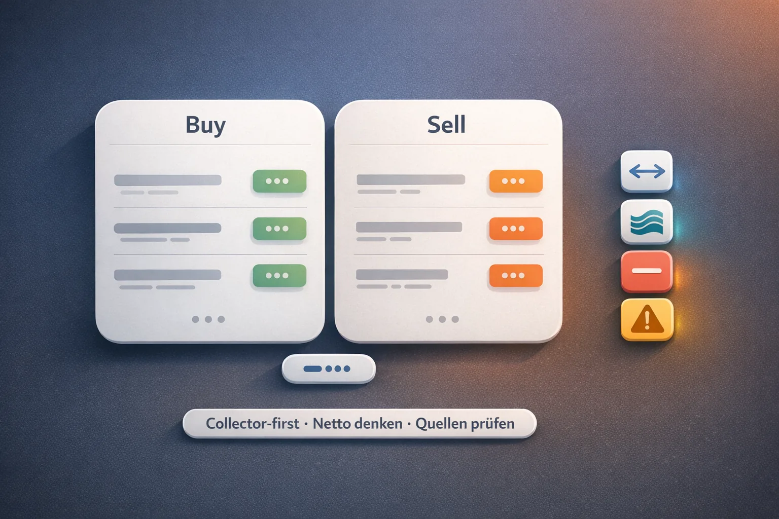 Editoriale Illustration: zwei Karten „Buy“ und „Sell“ mit Listing-Reihen; daneben Icons für Spread, Liquidität, Fees und Risiko (VeVe).