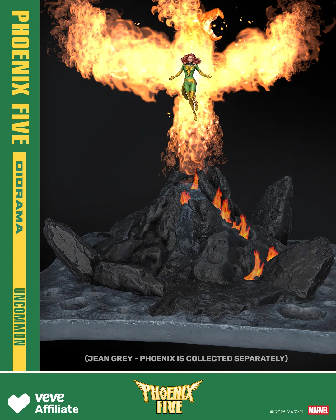 Phoenix-Five-Diorama mit Jean Grey ueber einer Felsenbasis und grossem Feuerphoenix im Hintergrund.