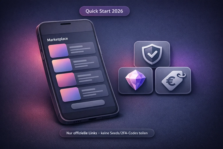 Hero-Illustration: Smartphone mit generischer Marketplace-UI und Badge-Icons für Sicherheit, Gems und Marketplace (VeVe).