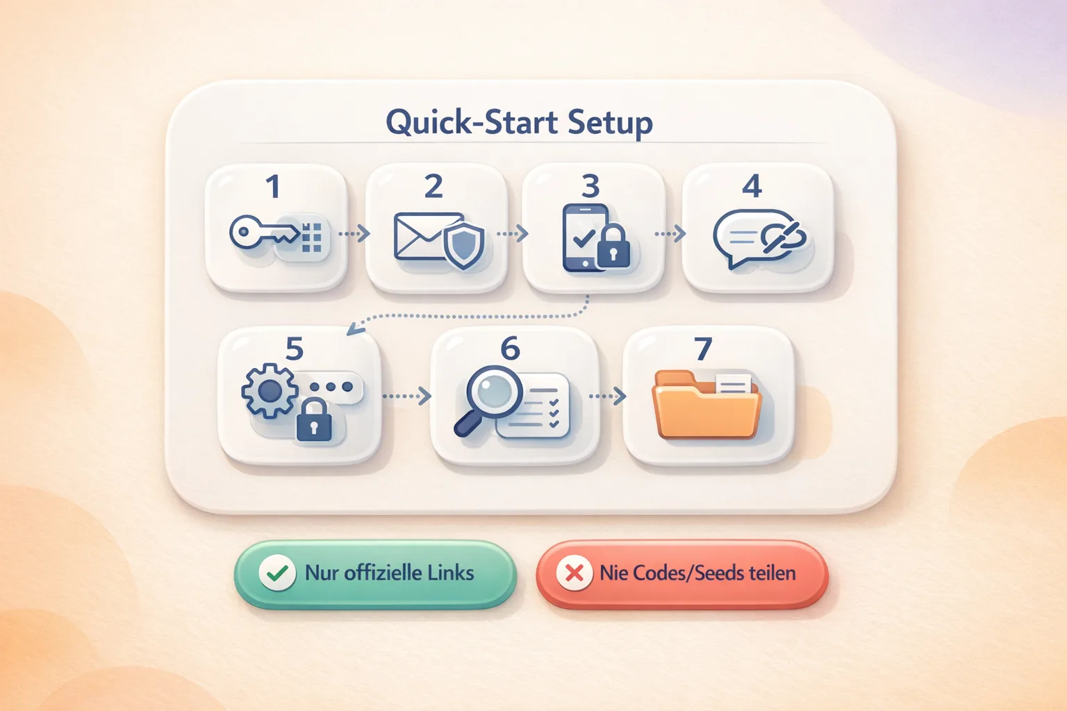 Checklisten-Board mit 7 Setup-Kacheln: Passwort, E-Mail, 2FA, DM-Link-Stopp, Geräte-PIN, Listing-Check und Doku (VeVe).