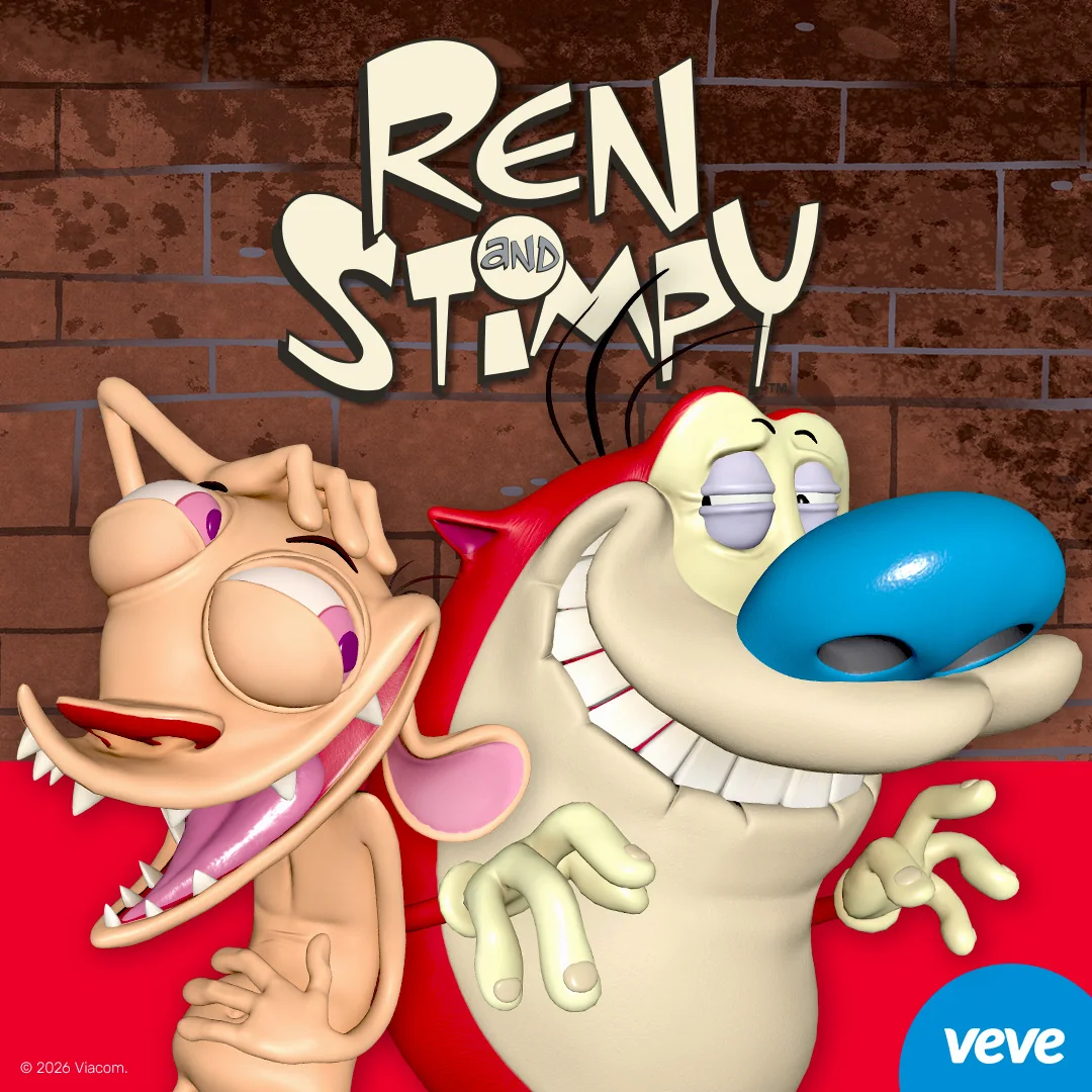 Key Visual zum VeVe Ren & Stimpy Drop mit Logo sowie den Charakteren Ren und Stimpy vor Backsteinwand und VeVe-Branding.