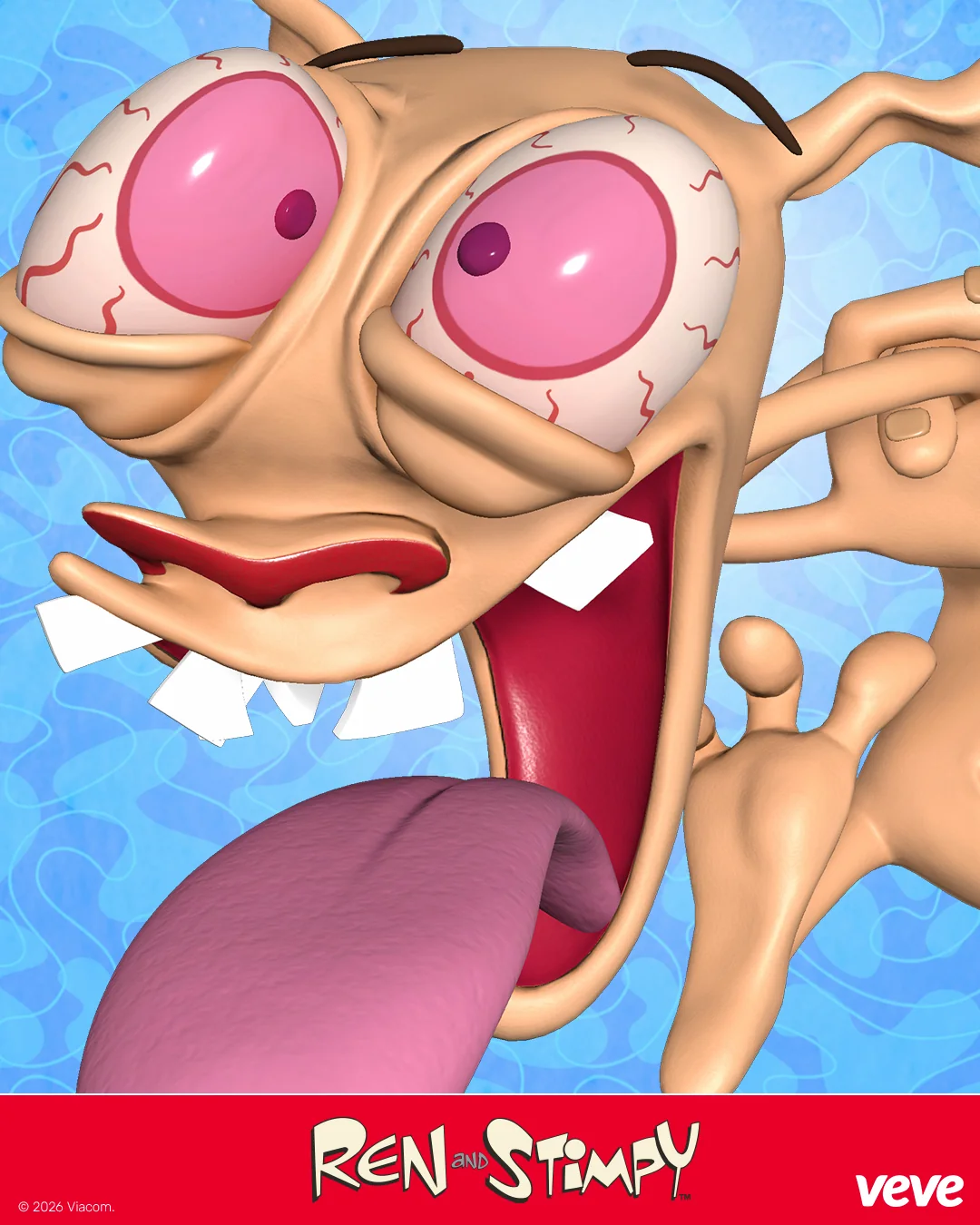 Nahaufnahme von Ren als 3D-Render im VeVe Ren & Stimpy Collectibles Stil, mit auffälligem Gesichtsausdruck vor blauem Hintergrund und Logo unten.