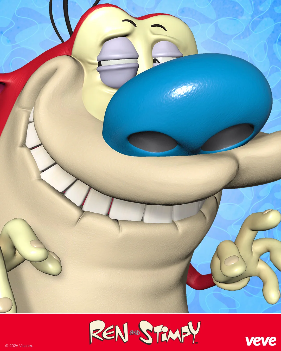 Nahaufnahme von Stimpy als 3D-Render im VeVe Ren & Stimpy Collectibles Look, mit blauem Hintergrund und Ren-and-Stimpy-Logo im unteren Bereich.