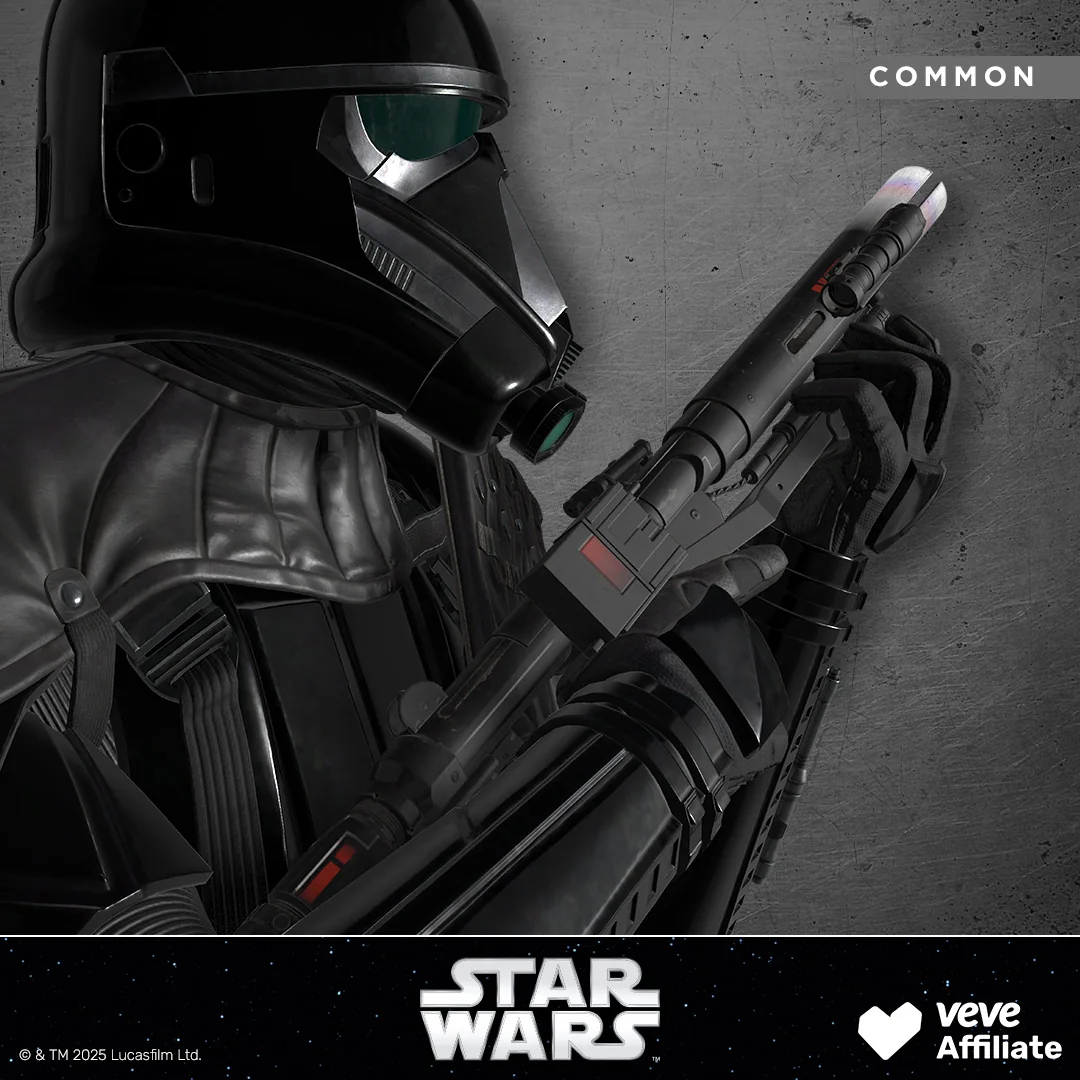 Detailaufnahme eines Death Trooper (Helm und Blaster im Close-up) aus VeVe Star Wars: Death Troopers Series 1; Raritaet Common.